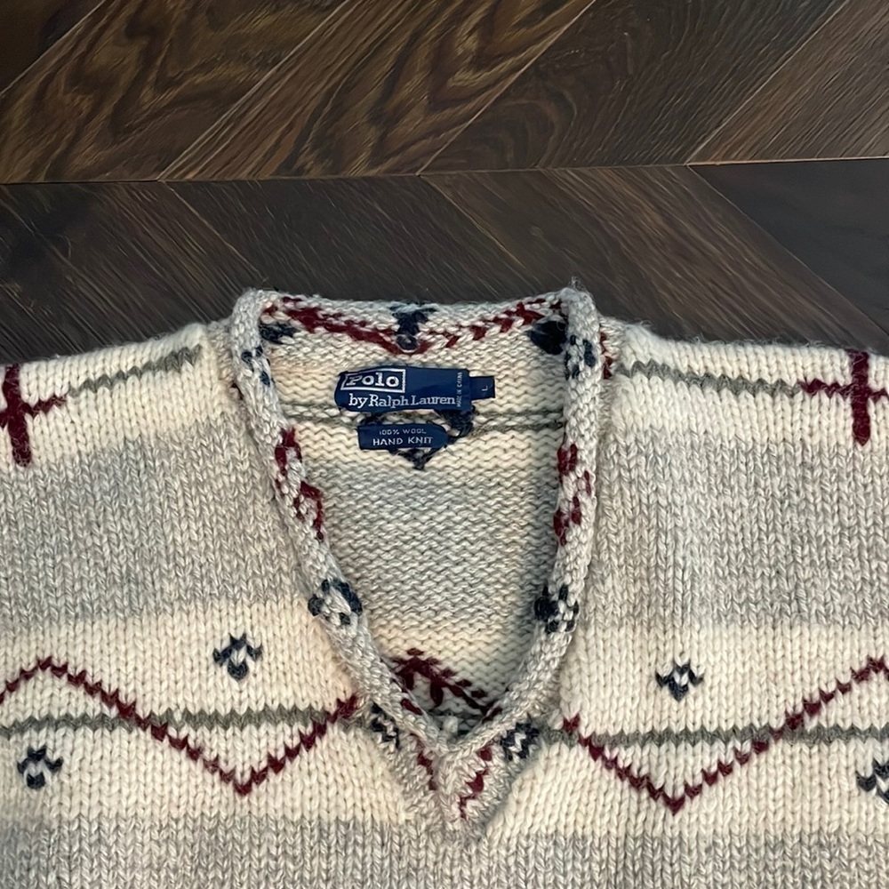 Polo Ralph Lauren 100% Wool Hand Knit Sweater Gray/Ivory/Red/Black L - Picture 2 of 9